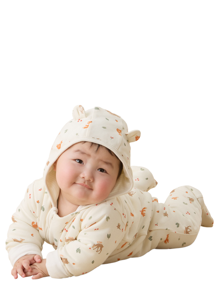 MORI Baby Hooded Print Pramsuit, Cream Multi - view 2, Cream Multi