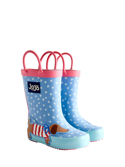 JoJo Maman Bébé Kids' Dachshund Wellington Boots, Mid Blue - view 2, Mid Blue