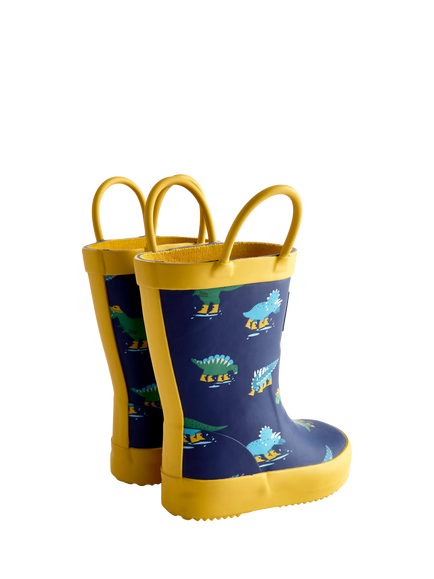 JoJo Maman Bébé Kids' Dinosaur Wellington Boots, Mustard Yellow - view 2, Mustard Yellow