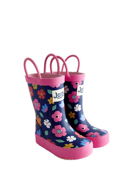 JoJo Maman Bébé Kids' Flower Wellington Boots, Navy Blue - view 2, Navy Blue