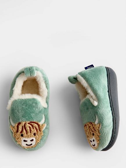 JoJo Maman Bébé Kids' Highland Cow Slippers, Khaki Green - view 2, Khaki Green