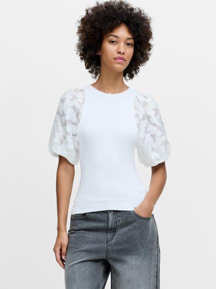 French Connection Krista Sheer Jacquard Puff Sleeve Knit Top, Winter White, Winter White