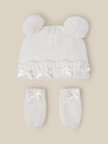 Monsoon Baby Cable Knit Hat and Mittens Set, Ivory, Ivory
