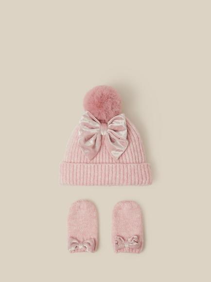 Monsoon Baby Bow Beanie Hat & Mittens Set, Pink, Pink
