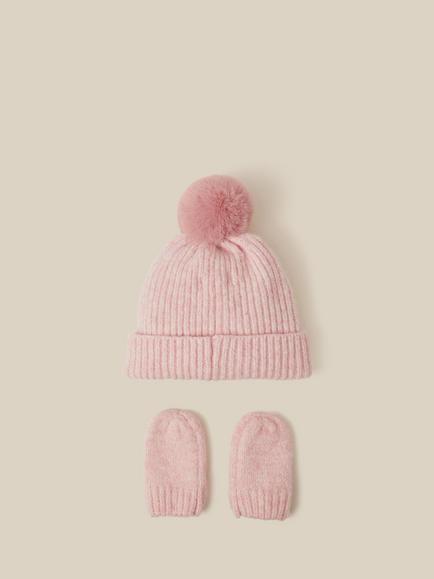 Monsoon Baby Bow Beanie Hat & Mittens Set, Pink - view 2, Pink