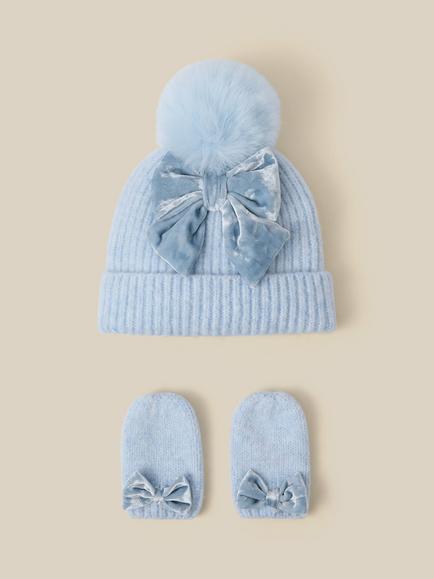 Monsoon Baby Bow Beanie Hat & Mittens Set, Blue, Blue
