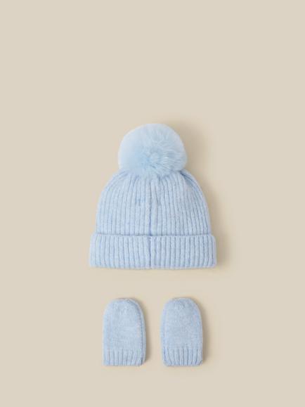 Monsoon Baby Bow Beanie Hat & Mittens Set, Blue - view 2, Blue