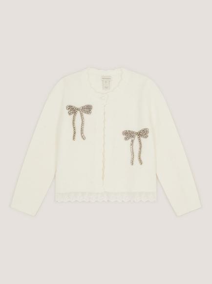 Monsoon Kids' Embellished Bow Cardigan, Ivory, Ivory