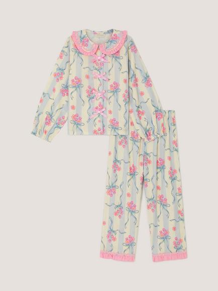 Monsoon Kids' Long Sleeve Floral Stripe Pyjama Set, Ivory, Ivory