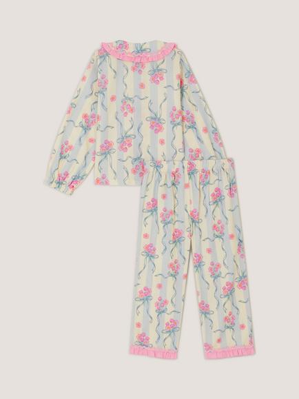 Monsoon Kids' Long Sleeve Floral Stripe Pyjama Set, Ivory - view 2, Ivory