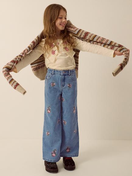 Monsoon Kids' Floral Embroidered Jeans, Blue, Blue