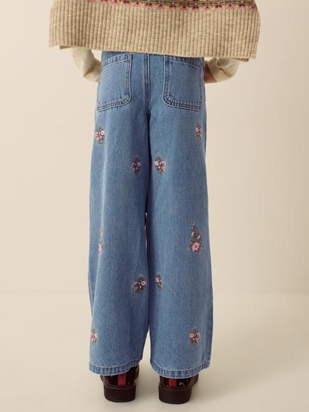 Monsoon Kids' Floral Embroidered Jeans, Blue - view 2, Blue