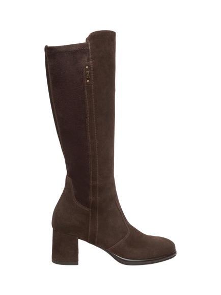 NeroGiardini Rosarno Suede Block Heel Stretch Knee High Boots, Chocolate Brown, Chocolate Brown