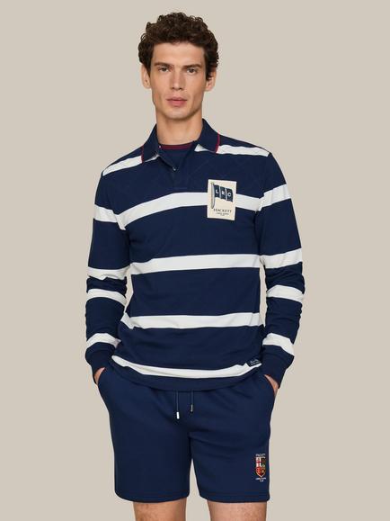 Hackett London Heritage Cotton Classic Fit Long Sleeve London Rowing Club Striped Polo Top, Old Navy/White, Old Navy/White