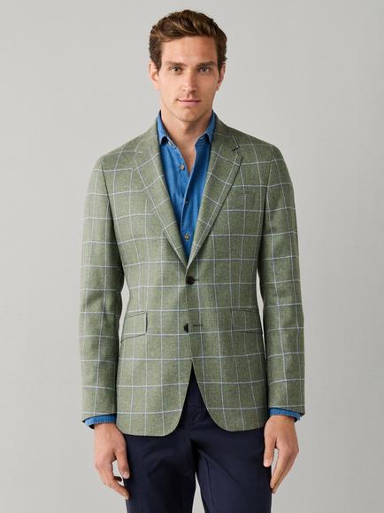 Hackett London Windowpane Check Silk Wool Blend Blazer, Vintage Green, Vintage Green