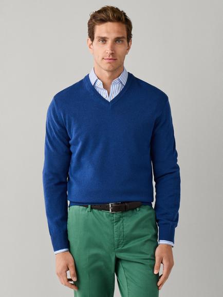 Hackett London V Neck Merino Wool Blend Jumper, Soho Blue