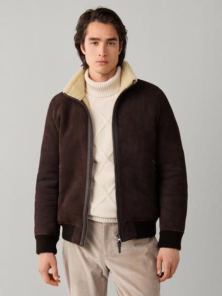 Hackett London Shearling Bomber Jacket, Ebony Brown, Ebony Brown