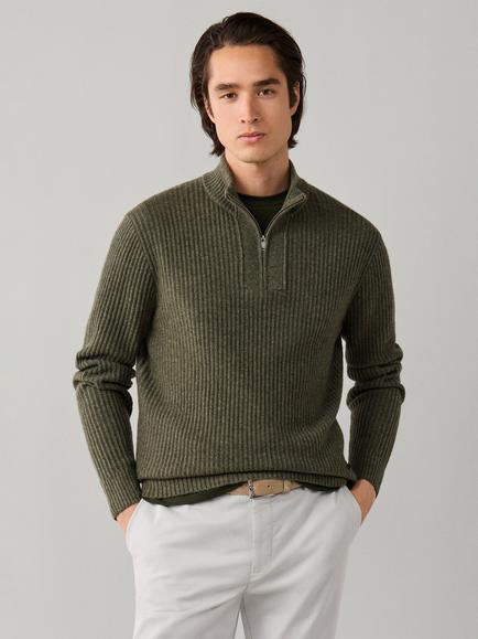 Hackett London Merino Wool Cashmere Blend Rib Quarter Zip Jumper, Olive Green, Olive Green