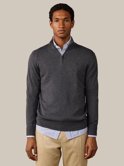 Hackett London Heritage Half Zip Cotton Jumper, Charcoal Grey