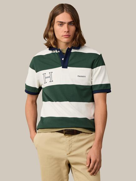 Hackett London Heriatge Cotton Classic Fit Short Sleeve Striped Polo Top, Rugby Green/Multi, Rugby Green/Multi