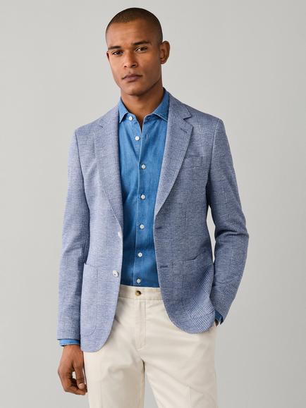 Hackett London Cotton Blend Jersey Knit Glen Check Blazer, Steel Blue, Steel Blue