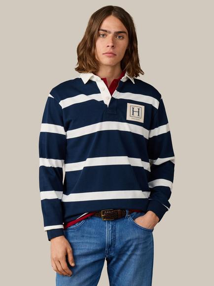 Hackett London Heritage Cotton Classic Fit Branded Striped Rugby Shirt, Old Navy/White, Old Navy/White