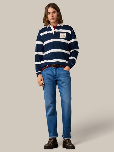 Hackett London Heritage Cotton Classic Fit Branded Striped Rugby Shirt, Old Navy/White - view 2, Old Navy/White