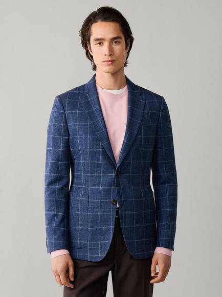 Hackett London Ascot Block Single Breasted Check Cotton Blend Blazer, Airforce Blue, Airforce Blue