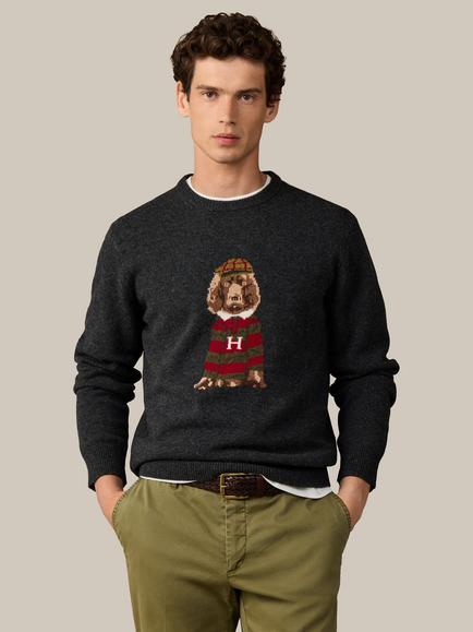 Hackett London Heritage Merino Wool Harry Crew Neck Jumper, Charcoal Grey, Charcoal Grey