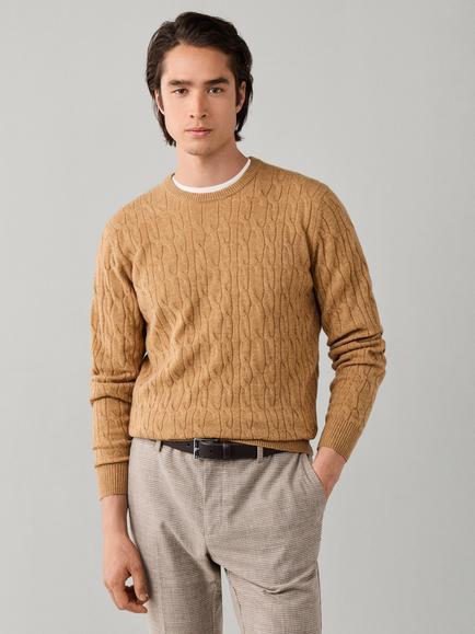 Hackett London Cable Crew Neck Wool Jumper, Beige, Tetley Beige