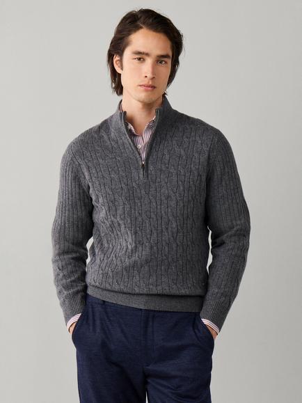 Hackett London Cable Half Zip Wool Jumper, College Grey
