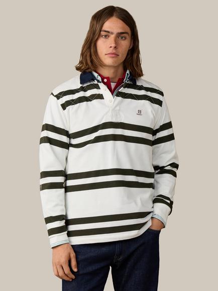 Hackett London Heritage Cotton Classic Fit Double Stripe Rugby Shirt, Off White, Off White/Multi