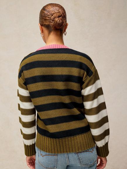 White Stuff Bea Cotton Colour Block Stripe Crew Neck Jumper - view 2, Green/Multi