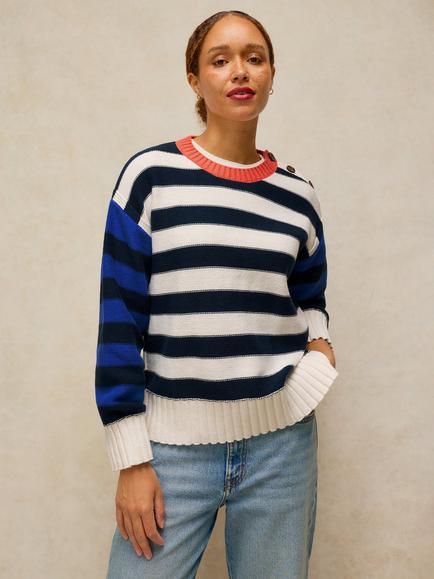 White Stuff Bea Cotton Colour Block Stripe Crew Neck Jumper, Ivory/Multi