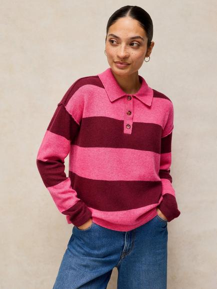 White Stuff Camilla Stripe Collared Jumper, Pink, Pink