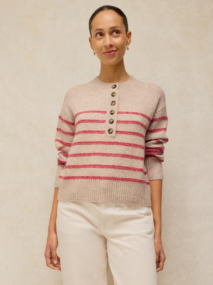 White Stuff Stripe Button Neck Jumper, Natural
