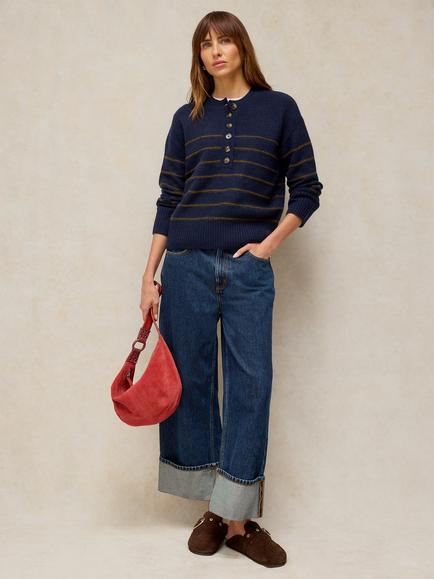 White Stuff Stripe Button Neck Jumper, Navy/Multi