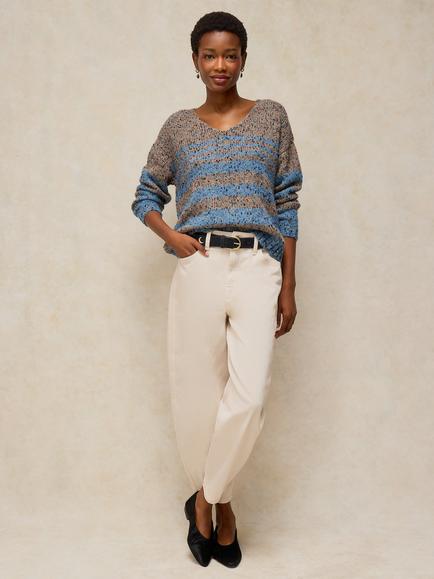 White Stuff Textured Stripe V-Neck Jumper, Brown/Multi, Brown/Multi