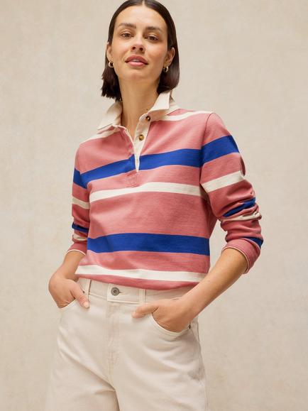 White Stuff Avery Cotton Stripe Long Sleeve Rugby Shirt, Pink, Pink