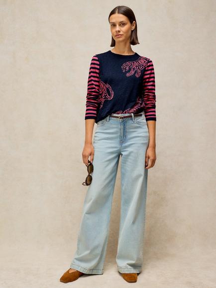 White Stuff Clara Cotton Animal Stripe Long Sleeve T-Shirt, Navy Multi, Navy Multi