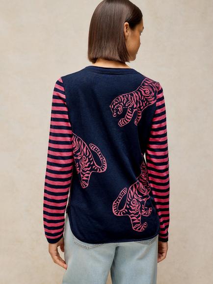 White Stuff Clara Cotton Animal Stripe Long Sleeve T-Shirt, Navy Multi - view 2, Navy Multi