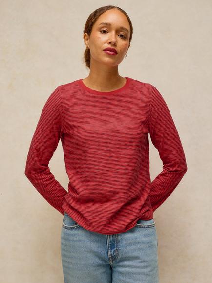 White Stuff Clara Cotton Textured Stripe Long Sleeve T-Shirt, Pink
