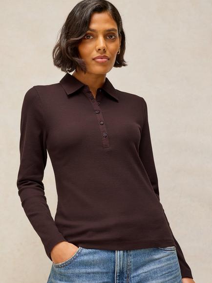 White Stuff Ember Long Sleeve Polo Shirt, Dark Brown, Dark Brown