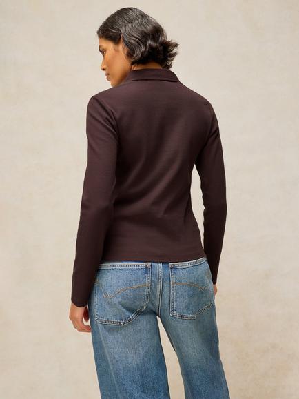 White Stuff Ember Long Sleeve Polo Shirt, Dark Brown - view 2, Dark Brown