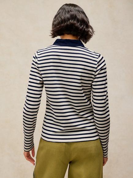 White Stuff Ember Stripe Long Sleeve Polo Shirt, Navy Multi - view 2, Navy Multi
