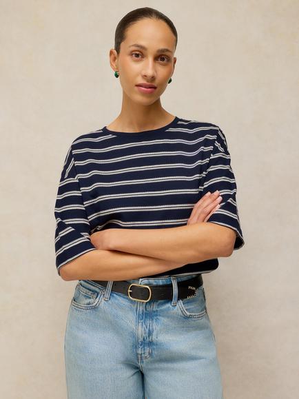 White Stuff Katya Cotton Stripe Boxy Fit T-Shirt, Navy/Multi, Navy/Multi