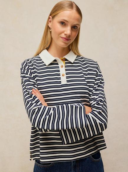 White Stuff Riley Cotton Stripe Rugby Shirt, Navy Multi, Navy Multi