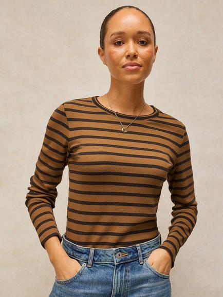 Whie Stuff Sadie Stripe Long Sleeve T-Shirt, Brown, Brown