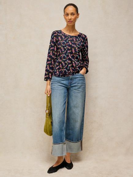 White Stuff Weaver Cotton Geometric Print Long Sleeve T-Shirt, Navy, Navy