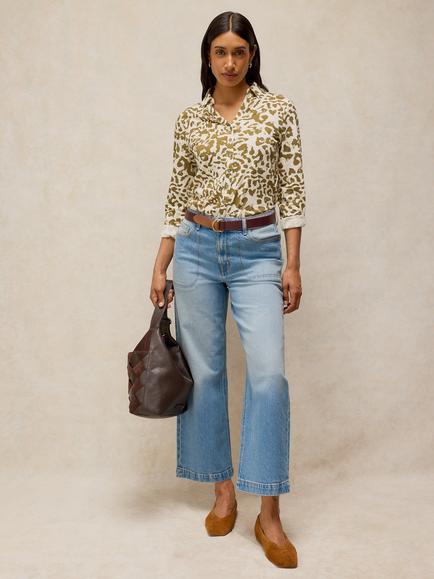 White Stuff Annie Cotton Abstract print Long Sleeve Shirt, Green/Cream, Green/Cream